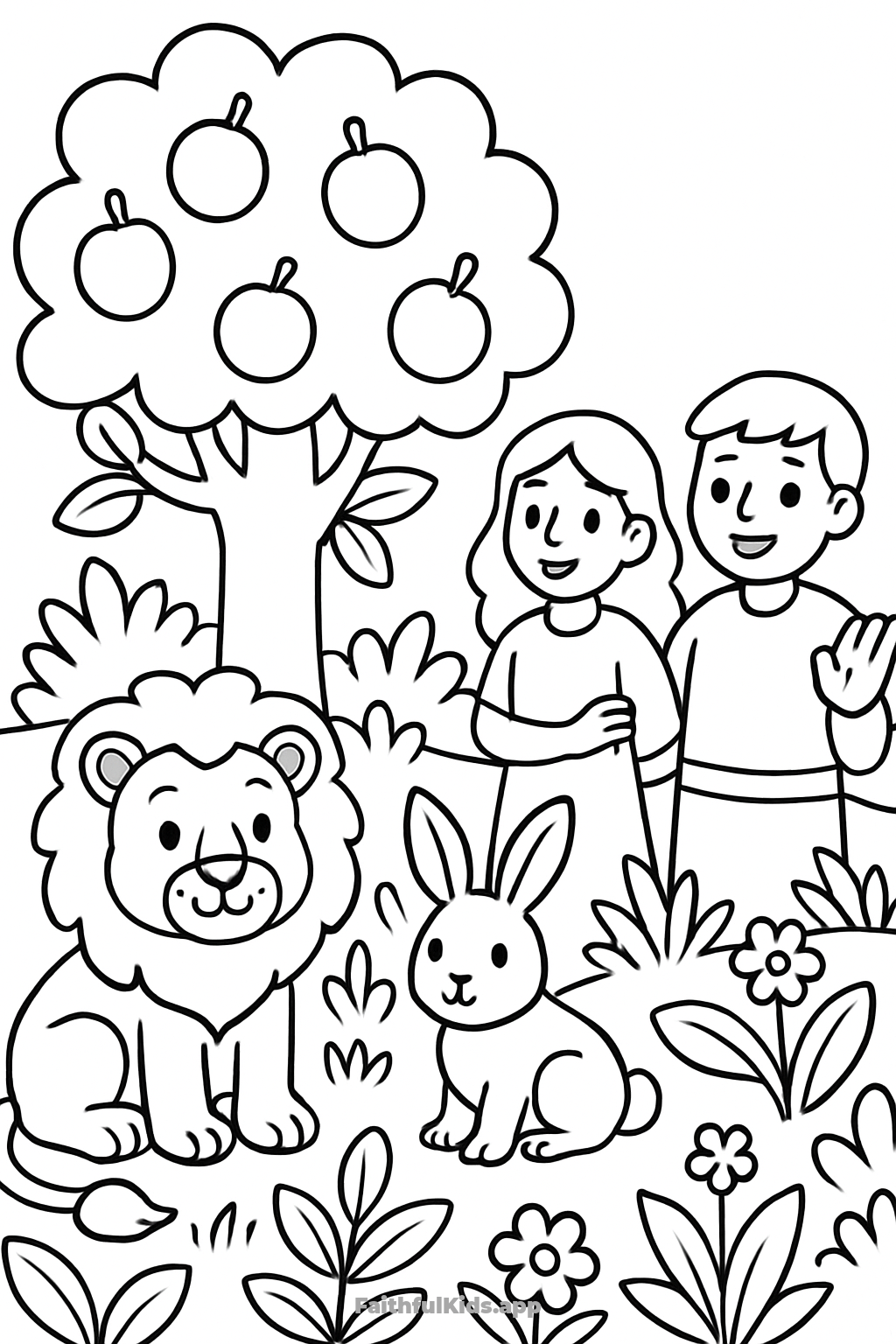 Adam and Eve in the Garden Bible coloring page for kids — free printable