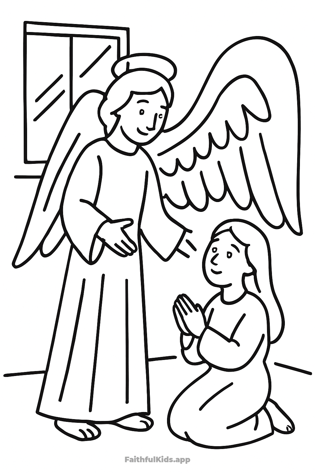 An Angel Visits Mary Bible coloring page for kids — free printable