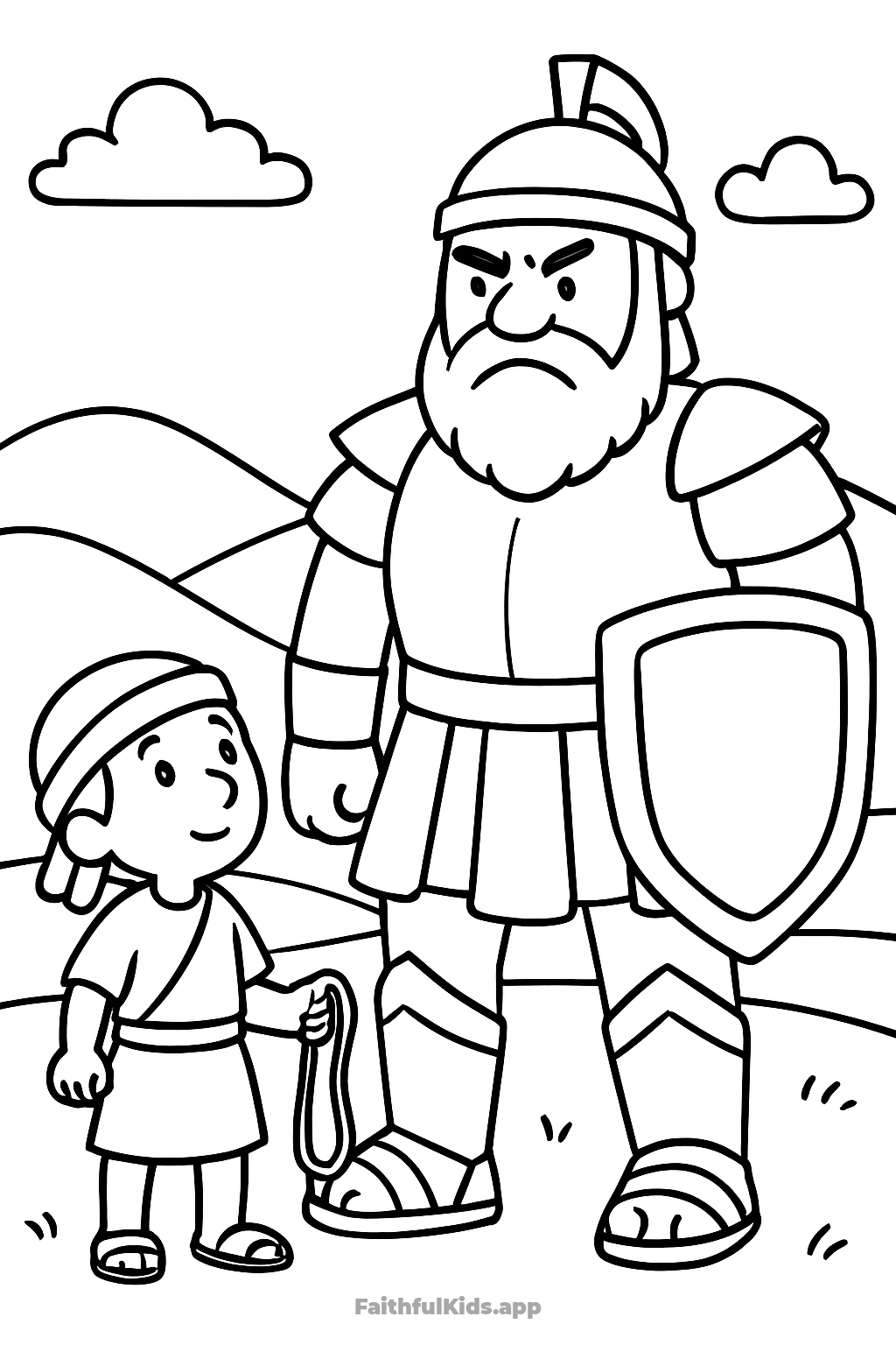 David and Goliath Bible coloring page for kids — free printable