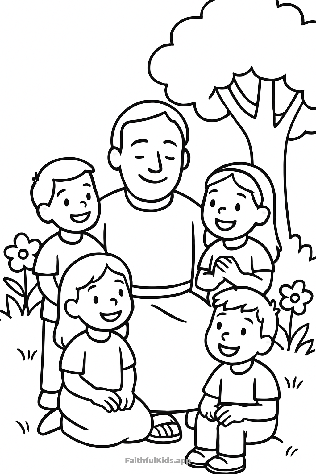 Jesus and the Children Bible coloring page for kids — free printable