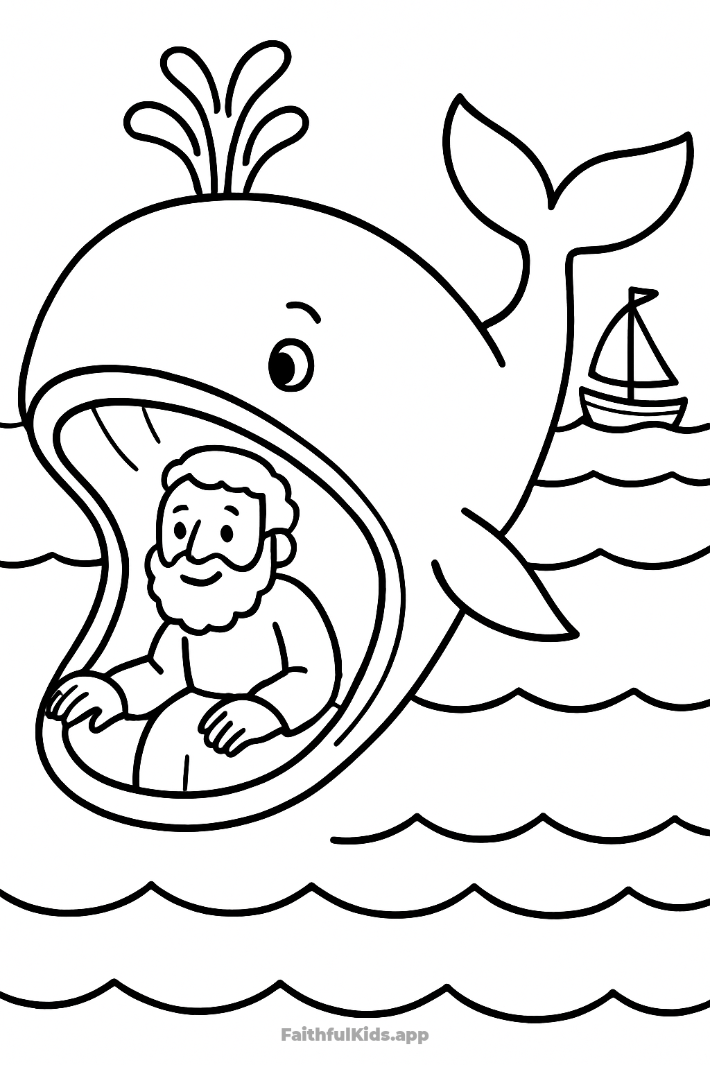 Jonah and the Big Fish Bible coloring page for kids — free printable