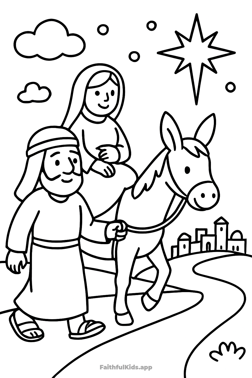 The Journey to Bethlehem Bible coloring page for kids — free printable
