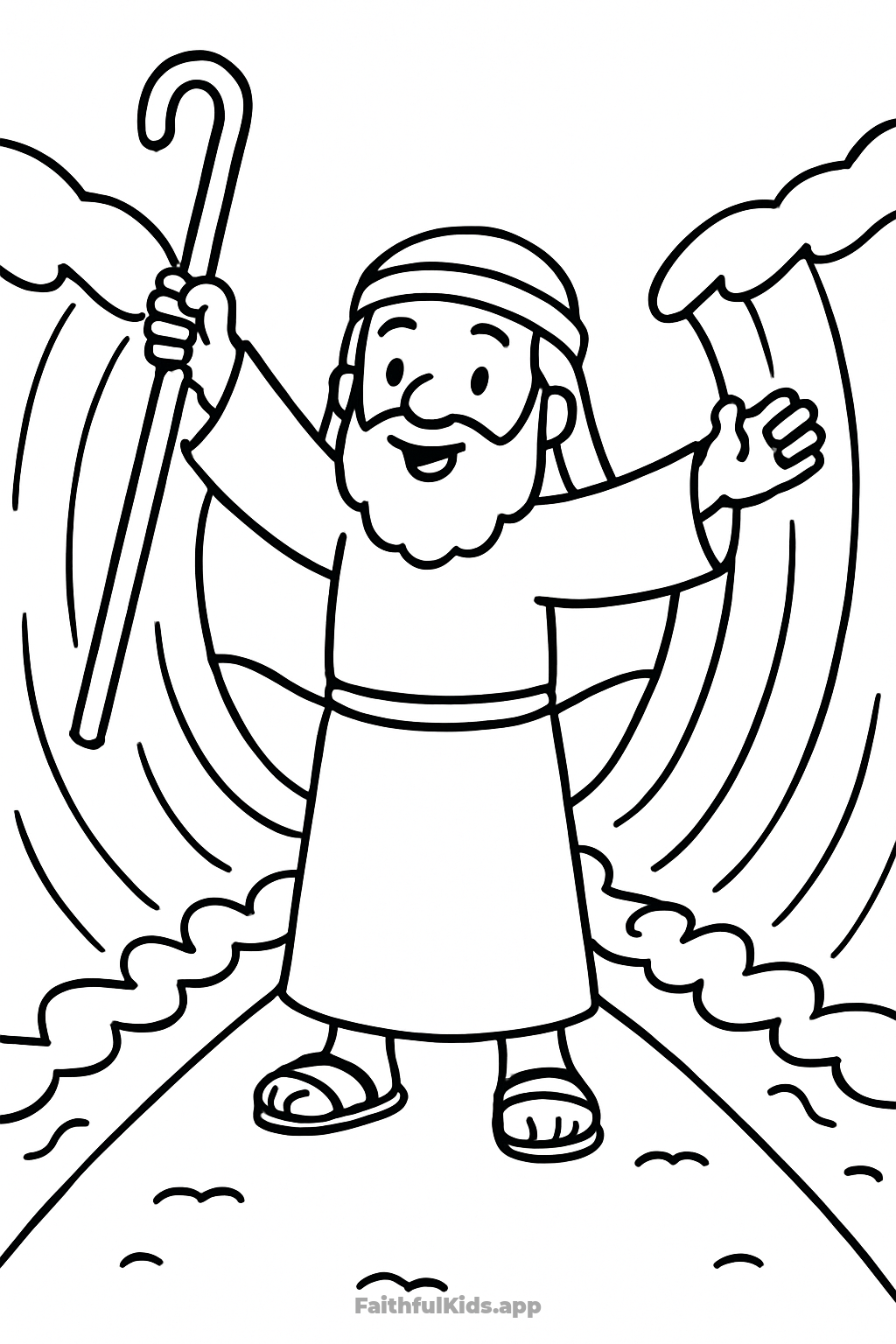 Moses and the Red Sea Bible coloring page for kids — free printable