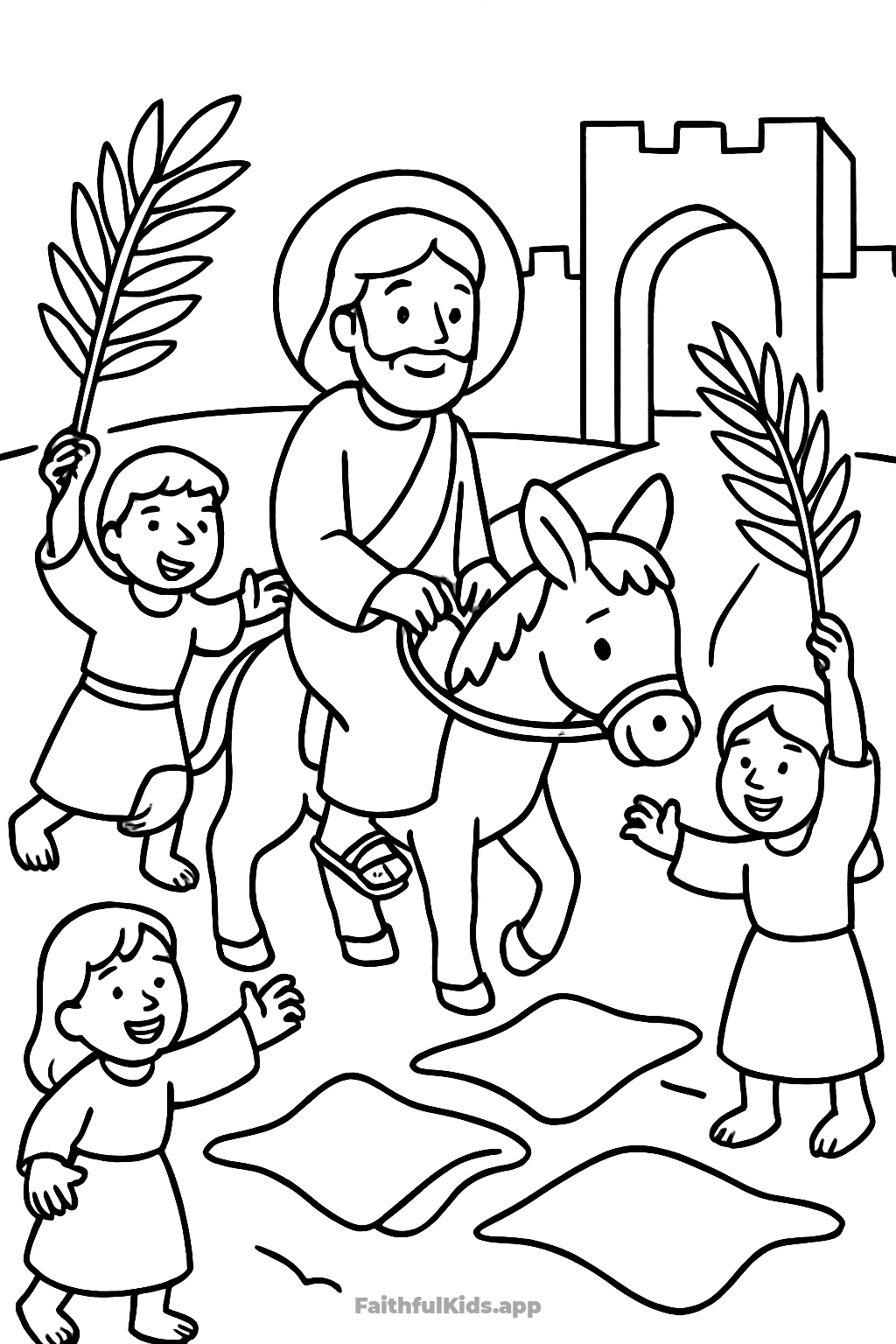 Palm Sunday Bible coloring page for kids — free printable
