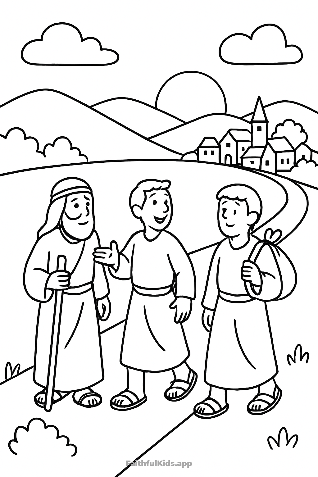 The Road to Emmaus Bible coloring page for kids — free printable