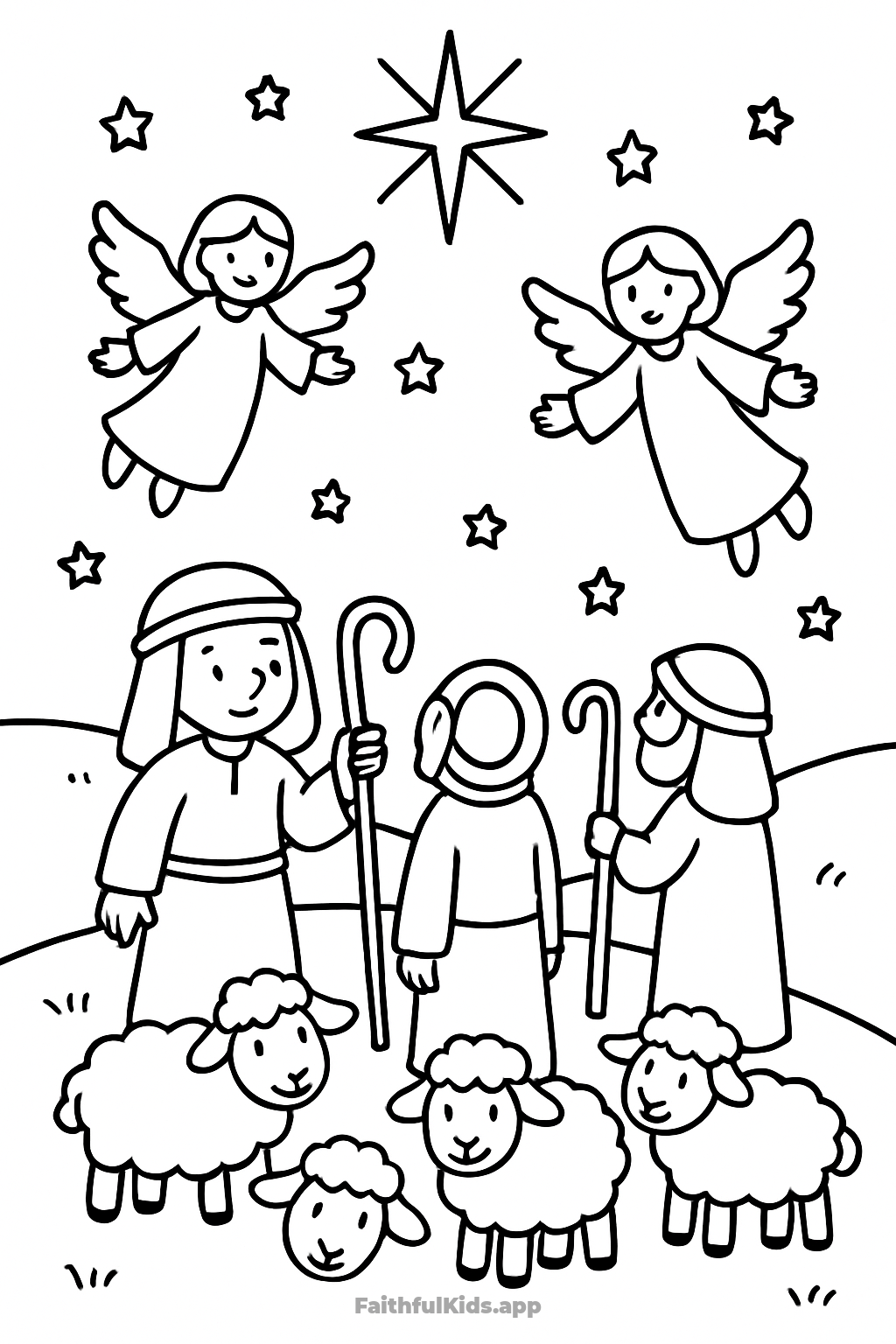 The Shepherds and the Angels Bible coloring page for kids — free printable