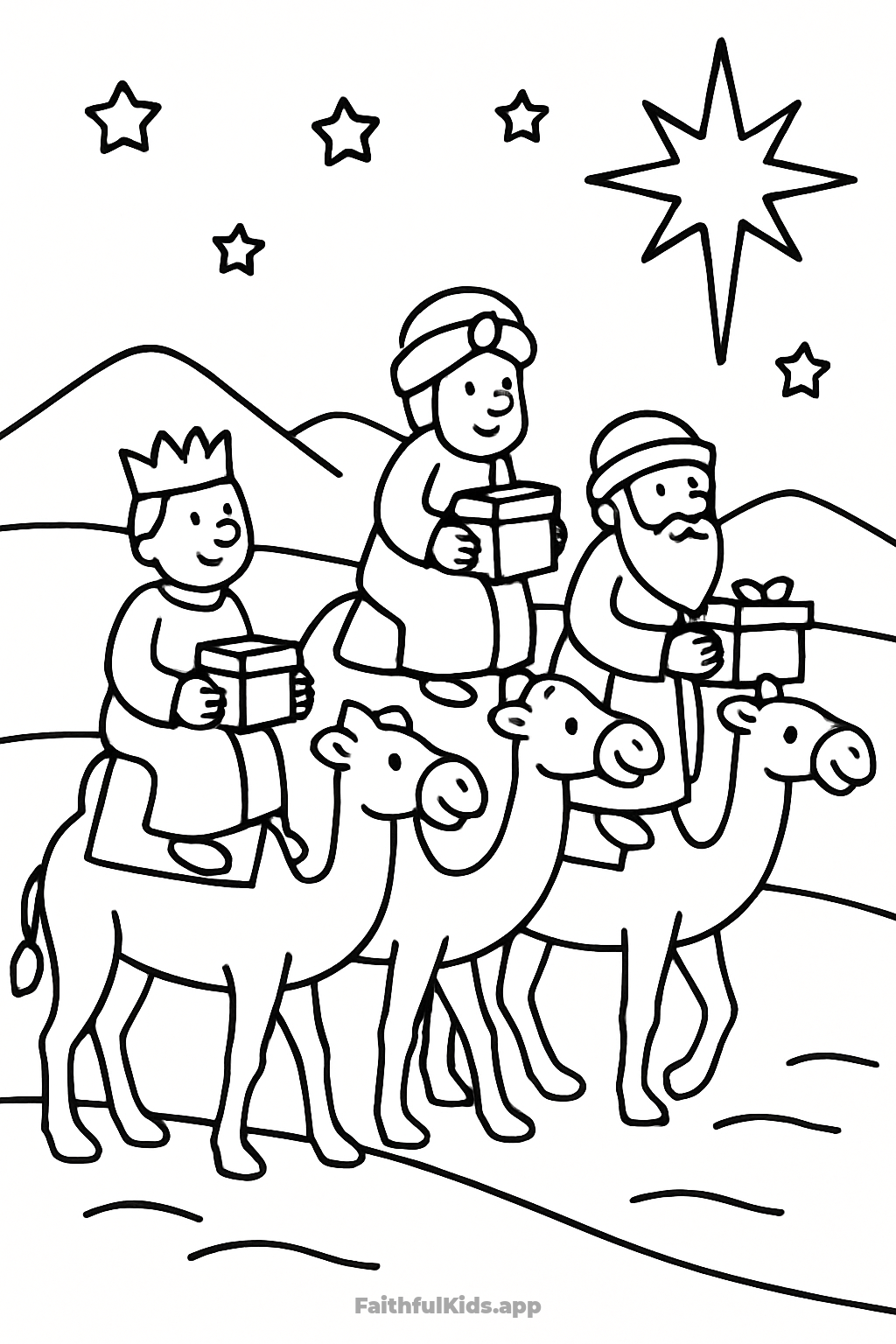 The Wise Men Follow the Star Bible coloring page for kids — free printable