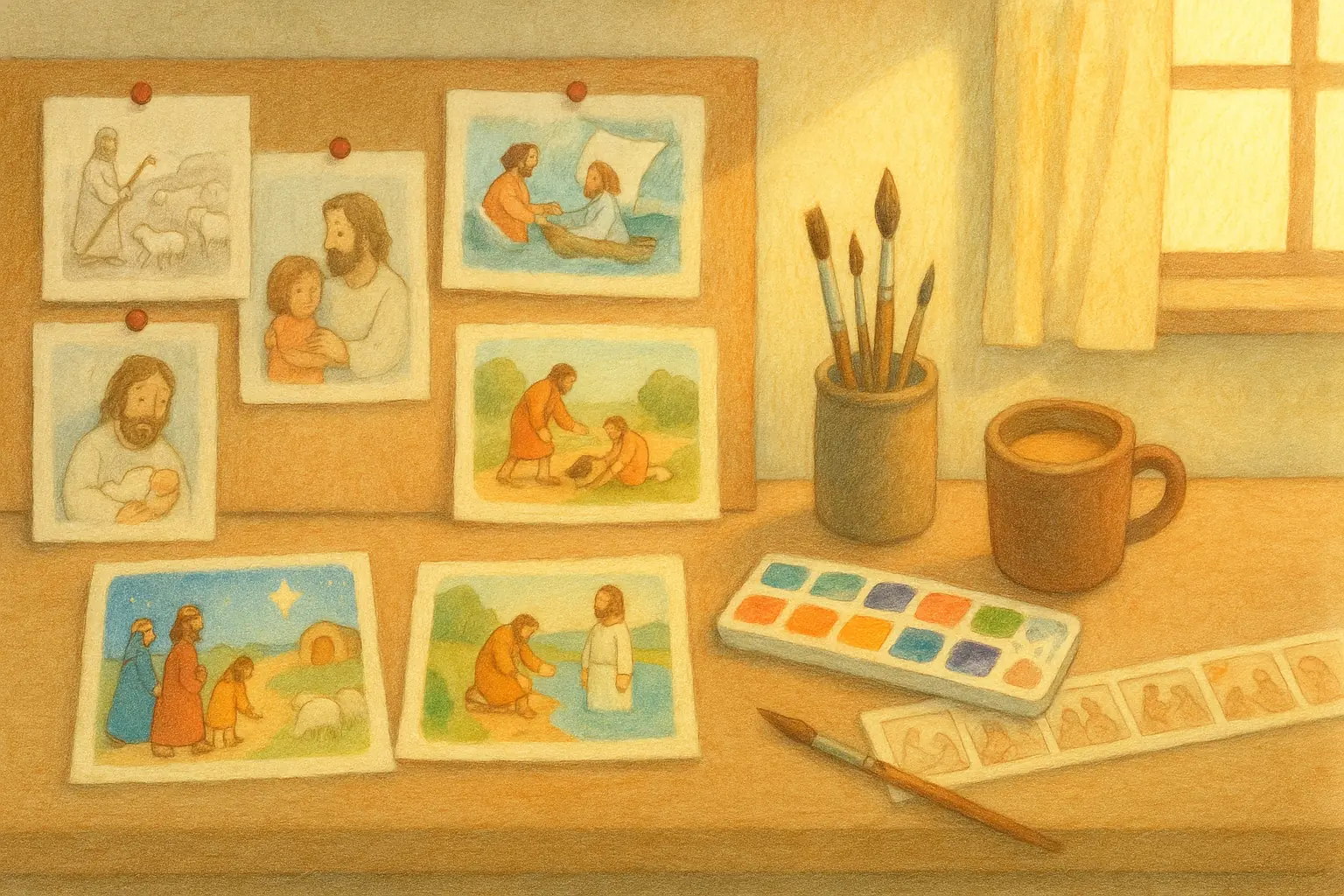 An illustrator's worktable with pencil sketches of Bible scenes pinned to a board, a paint palette, brushes in a jar and a mug of tea