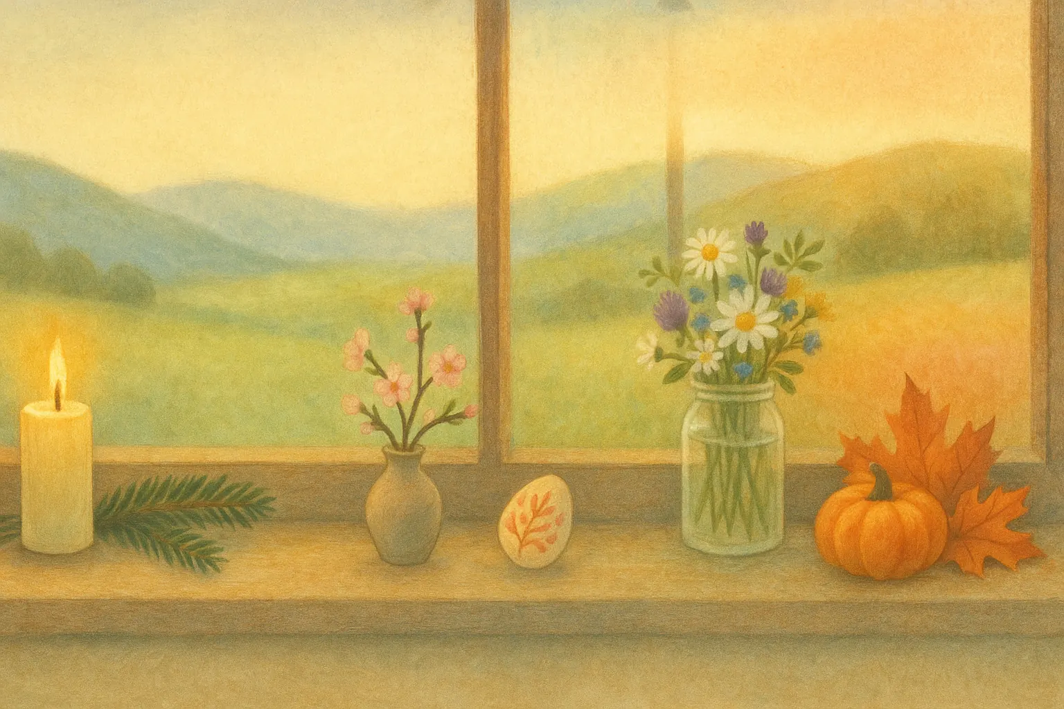 A windowsill through the seasons: an Advent candle and evergreen, spring blossom and a decorated egg, summer wildflowers, then autumn leaves and a small pumpkin
