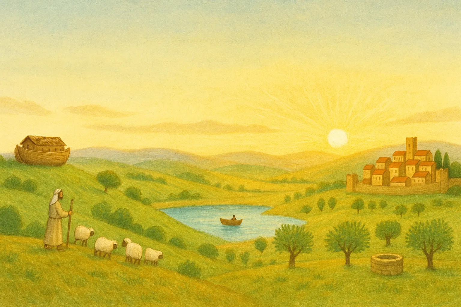 A storybook valley at sunrise with scenes from the Bible across it: Noah's ark resting on a far hill, a shepherd leading sheep, a small boat on a lake, a stone well and a walled town